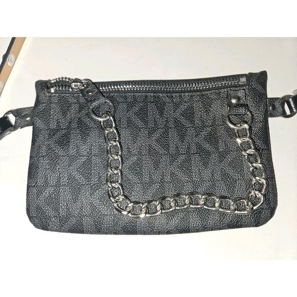 New! Michael Kors Signature Logo Chain Belt Bag Black Fanny Pouch - Picture 3 of 7